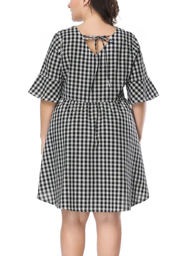 XL Plaid Trumpet Sleeve Loose Dress Fat Sister