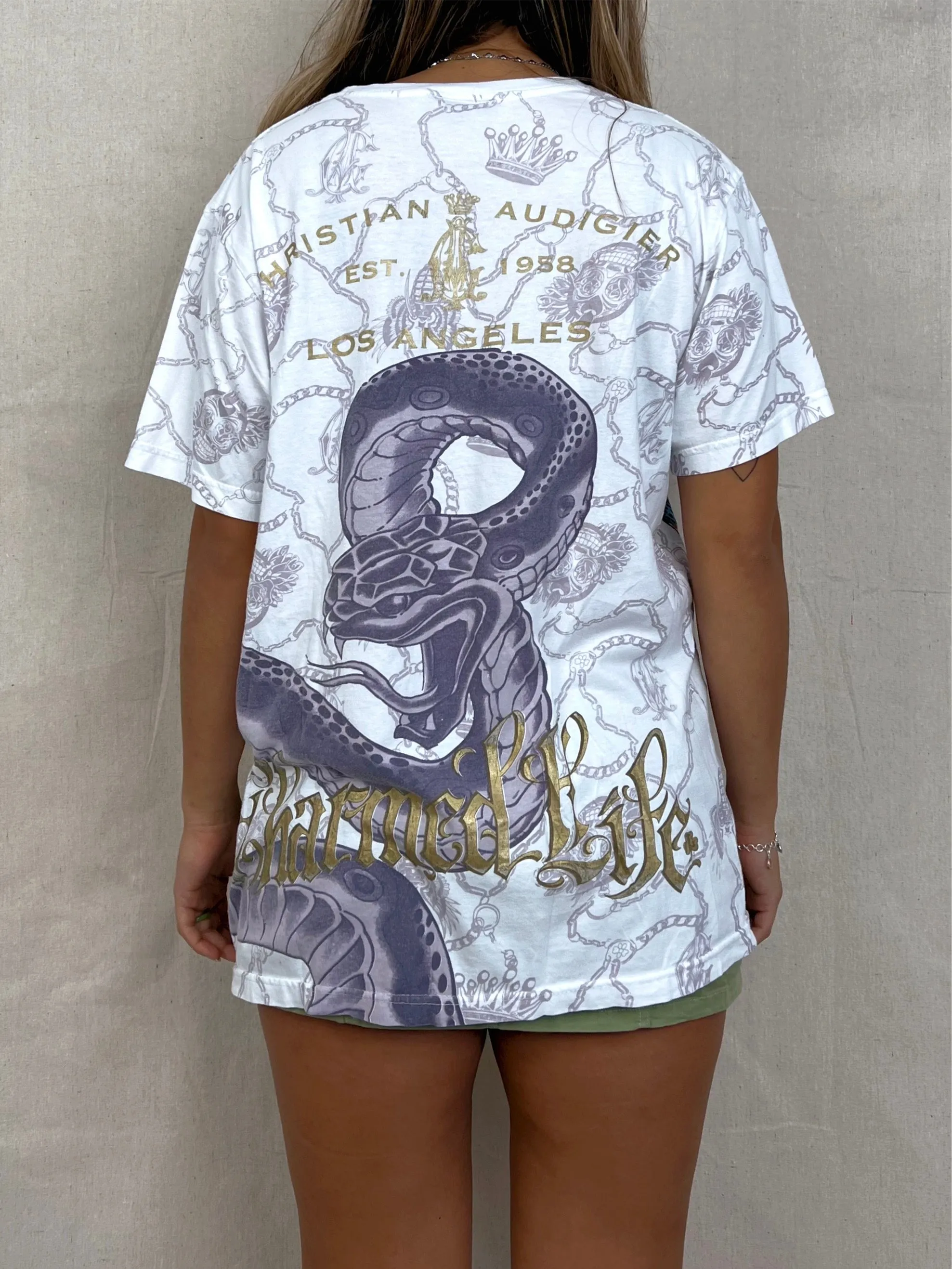 Y2K Ed Hardy All Over Print Vintage Oversized T-Shirt Size 14-16