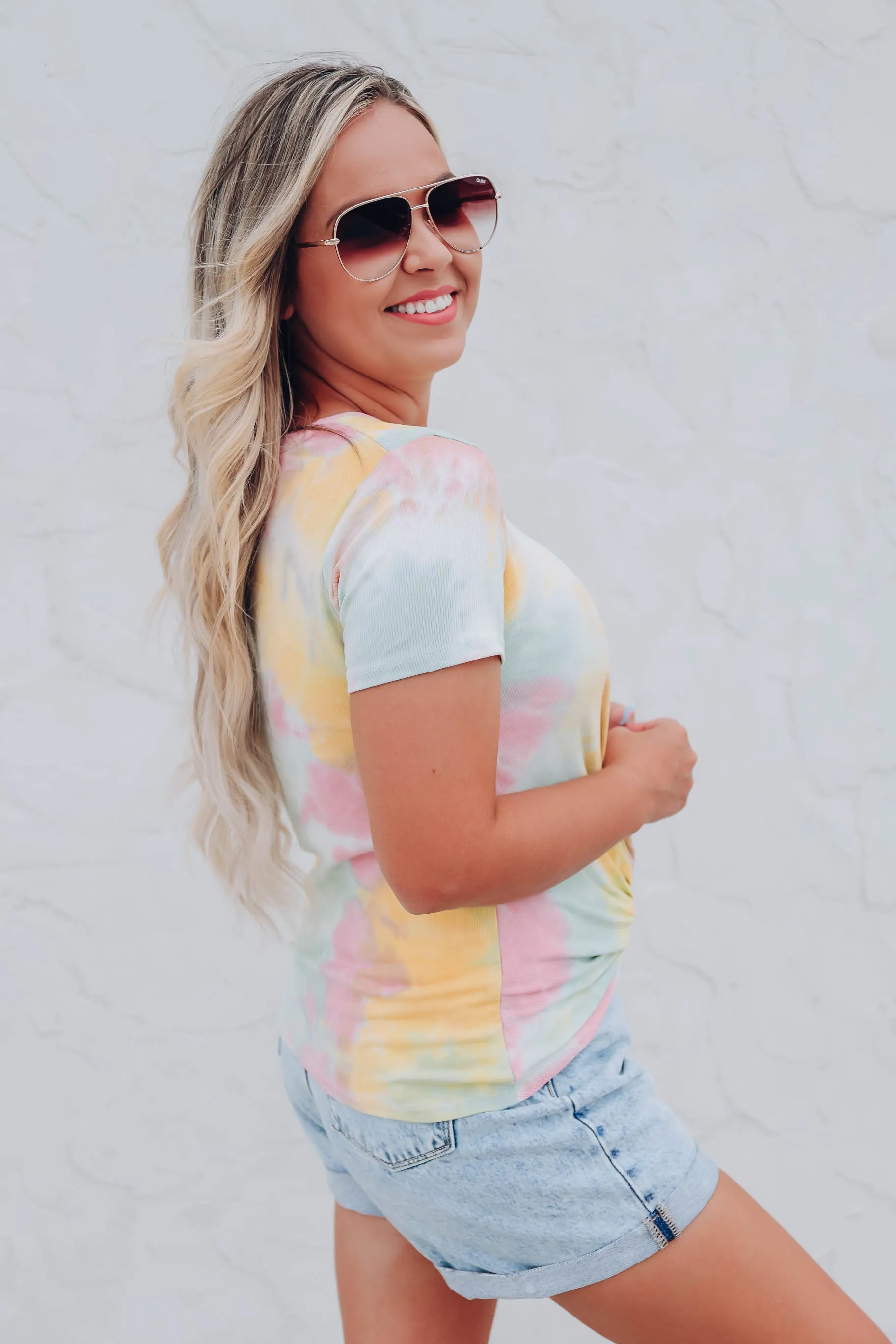 Yellow Tie-Dye Twist Front Midi Top