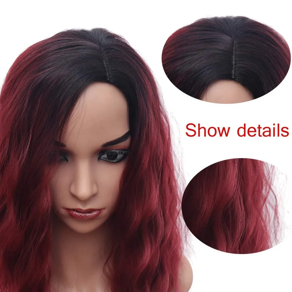 Yummy Burgundy Wine Red Black Ombre, Shoulder Length, Full Synthetic Wig, Human Hair Feel, Fascinating Maroon, Wine, Burgundy Ombre Wig